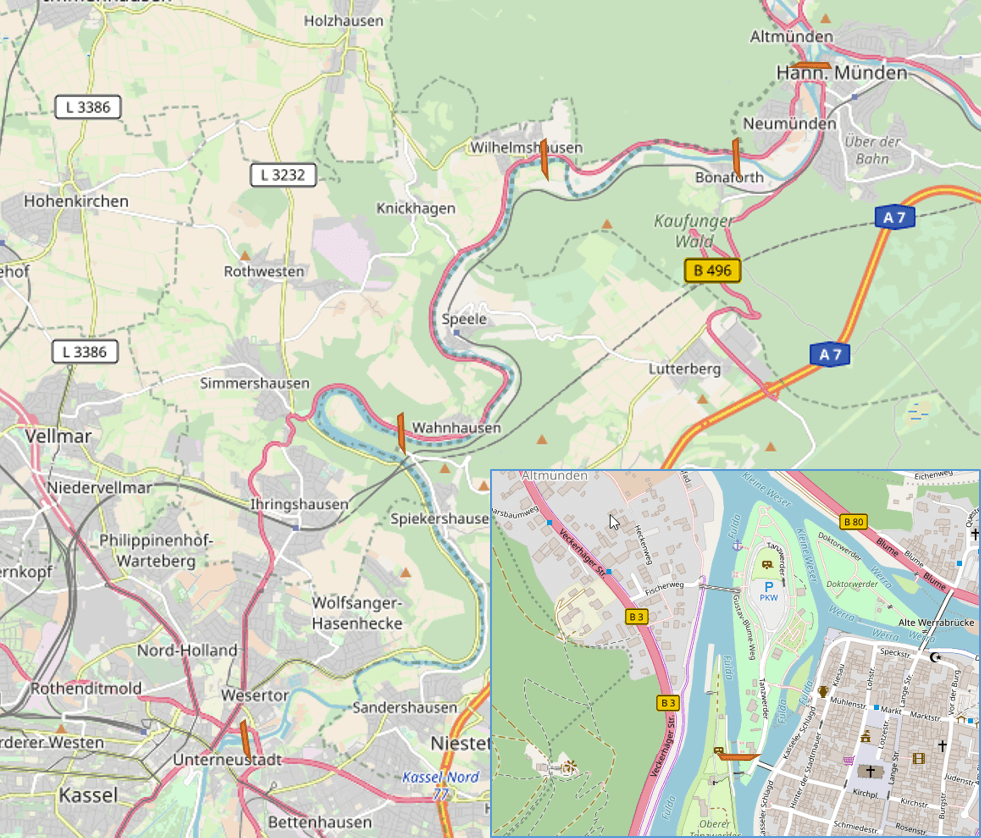 Watergates between Kassel and Hann. Münden (map by OpenStreetMap, CC-BY-SA 2.0)