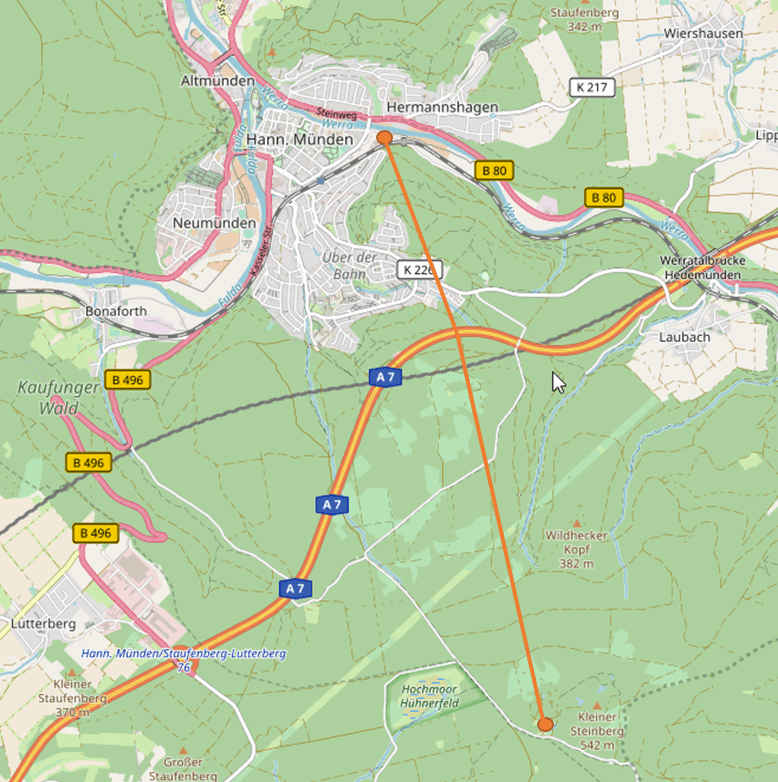 Most likely route of the Steinberg-Drahtseilbahn (map by OpenStreetMap, CC-BY-SA 2.0)