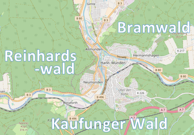 Kaufunger Wald, Reinhardswald & Bramwald (map by OpenStreetMap, CC-BY-SA 2.0)