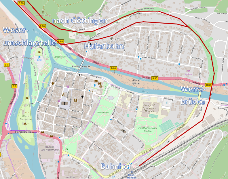 Hannöversche Südbahn at Hann. Münden (map by OpenStreetMap, CC-BY-SA 2.0)