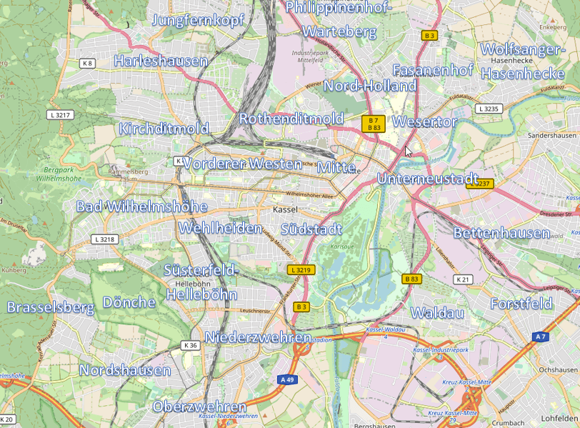City quarters of Kassel (map by OpenStreetMap, CC-BY-SA 2.0)