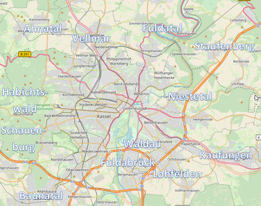Cities surrounding Kassel (map by OpenStreetMap, CC-BY-SA 2.0)