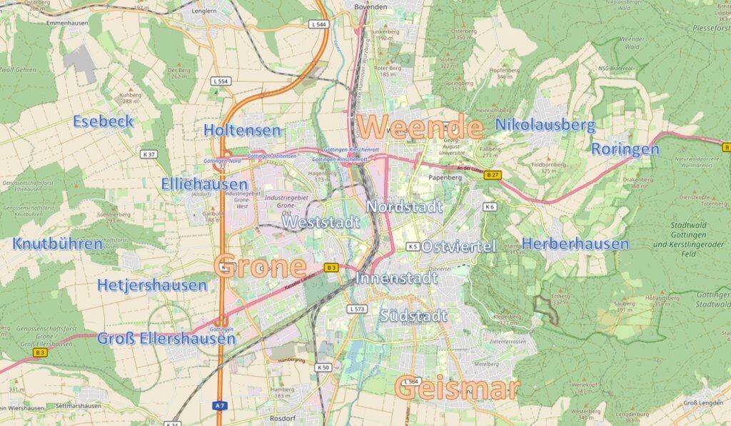 City quarters of Göttingen (map by OpenStreetMap, CC-BY-SA 2.0)
