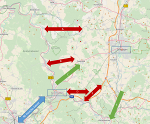 Best mountain passages from and to Göttingen (map by OpenStreetMap, CC-BY-SA 2.0)