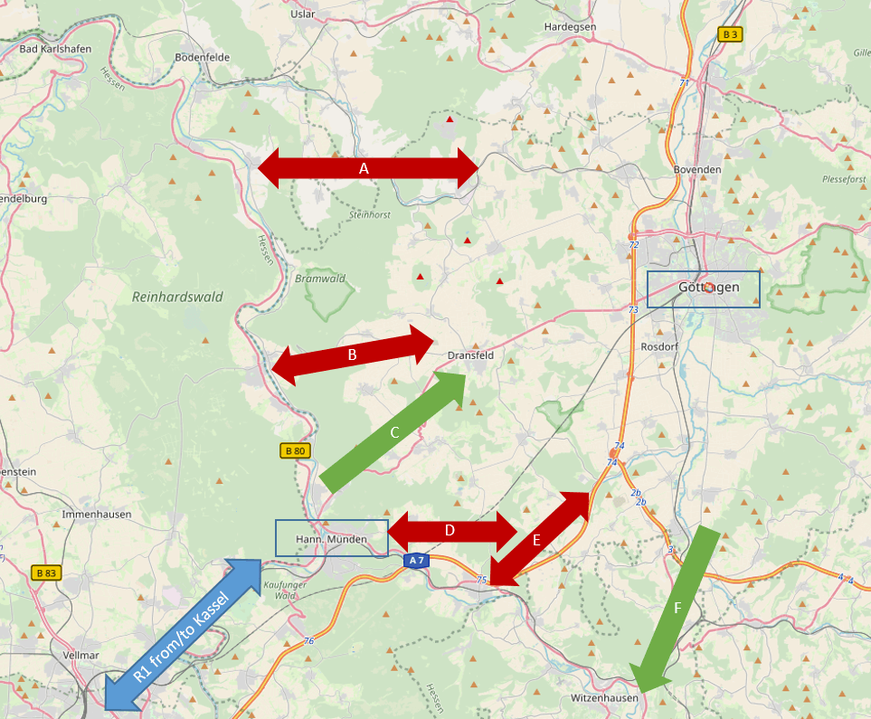 Best mountain passes from and to Göttingen (map by OpenStreetMap, CC-BY-SA 2.0)